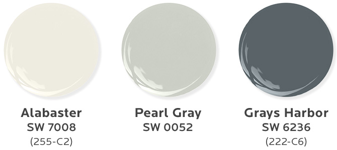Three paint dollop graphics depicting Natalie’s color palette for this design project: Alabaster, Pearl Gray, and Grays Harbor by Sherwin-Williams.