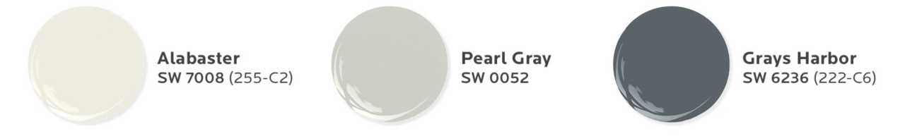 Three paint dollop graphics depicting Natalie’s color palette for this design project: Alabaster, Pearl Gray, and Grays Harbor by Sherwin-Williams.