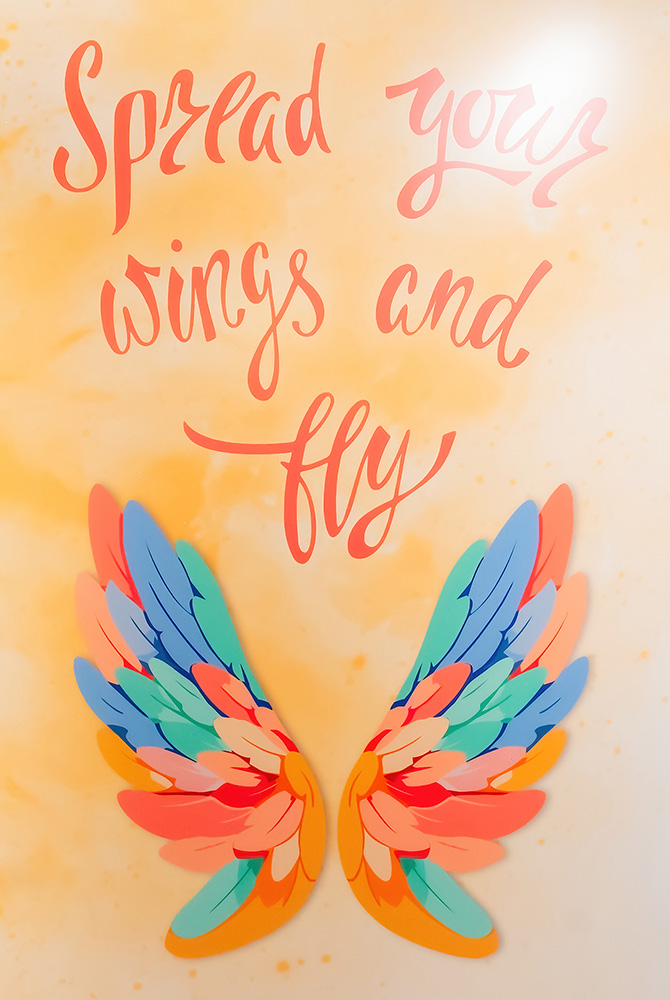 Art panel from the Ronald McDonald House Cambridge, featuring brightly colored illustrations and inspirational phrases.
