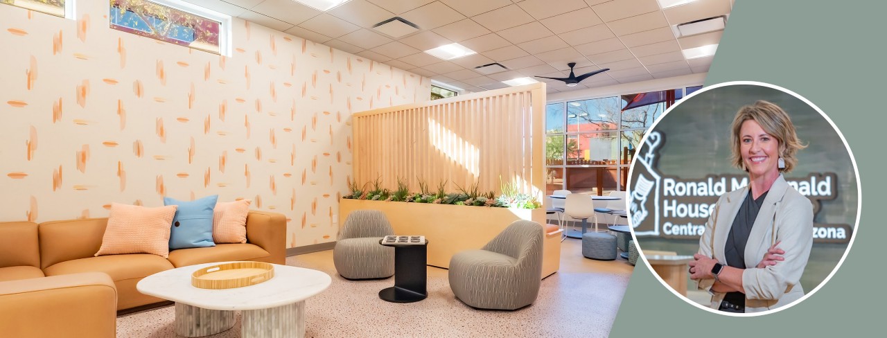 Lounge areas within the Ronald McDonald House Cambridge with light colors, patterned wallpaper, and a large bank of windows in the background with an inset headshot of designer Brandy Holden.