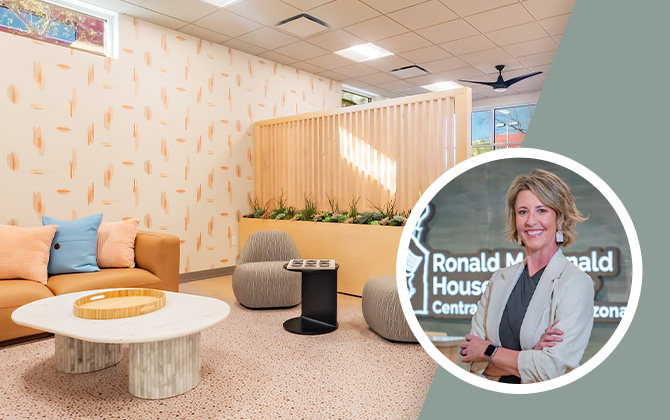 Lounge areas within the Ronald McDonald House Cambridge with light colors, patterned wallpaper, and a large bank of windows in the background with an inset headshot of designer Brandy Holden.