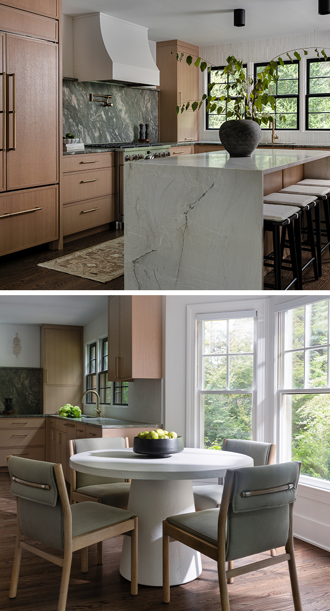 Modern kitchen and dining area with light wood cabinetry, marble countertops, and a mix of natural and artificial lighting featuring the paint color Snowbound by Sherwin-Williams.