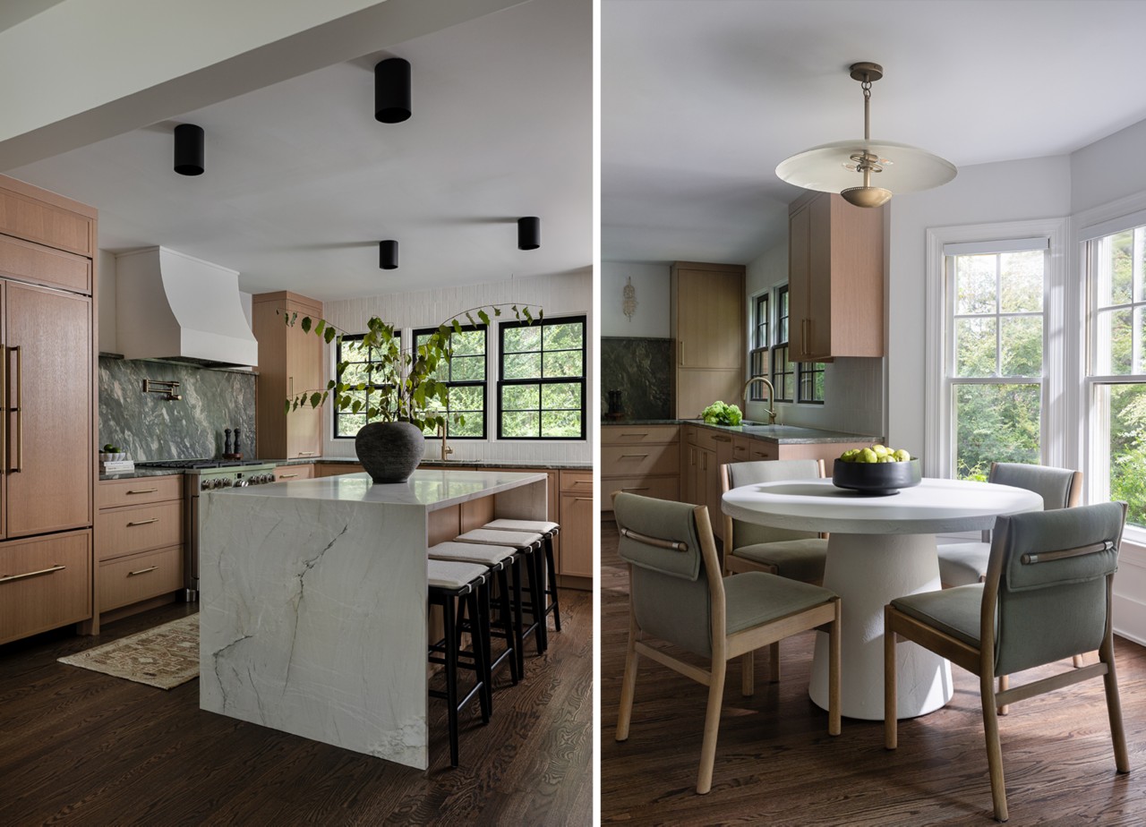 Modern kitchen and dining area with light wood cabinetry, marble countertops, and a mix of natural and artificial lighting featuring the paint color Snowbound by Sherwin-Williams.