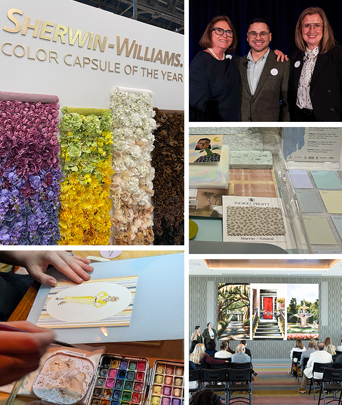 A collage featuring a Sherwin-Williams trade show booth, a presentation of the SCADpro palettes, an art workstation, and a group portrait.