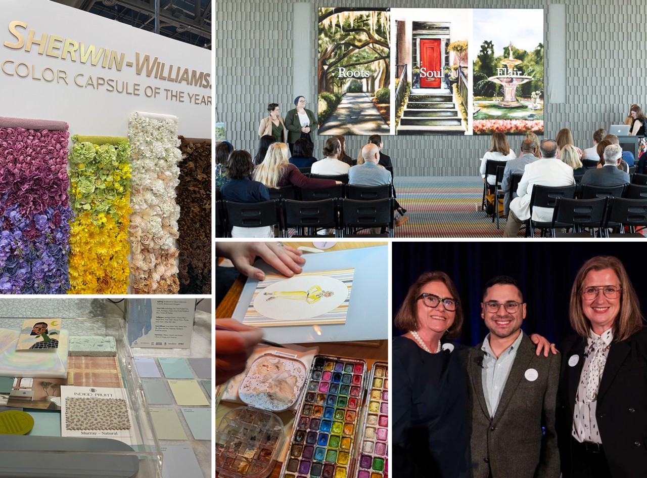 A collage featuring a Sherwin-Williams trade show booth, a presentation of the SCADpro palettes, an art workstation, and a group portrait.