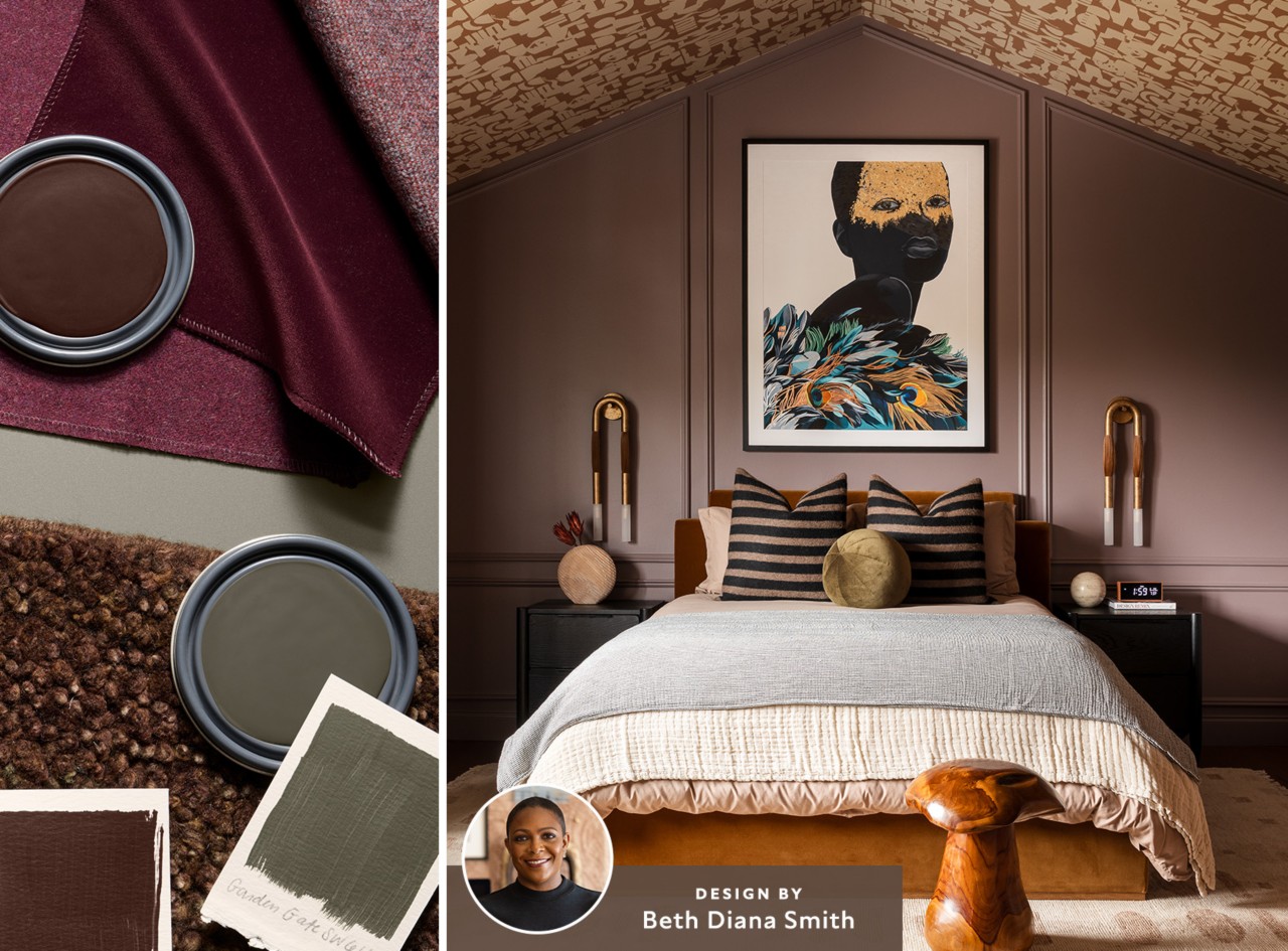 A closeup of color and material samples next to a modern bedroom design with rich earthy tones, modern art, and a wallpapered ceiling.