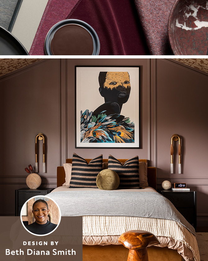 A closeup of color and material samples next to a modern bedroom design with rich earthy tones, modern art, and a wallpapered ceiling.