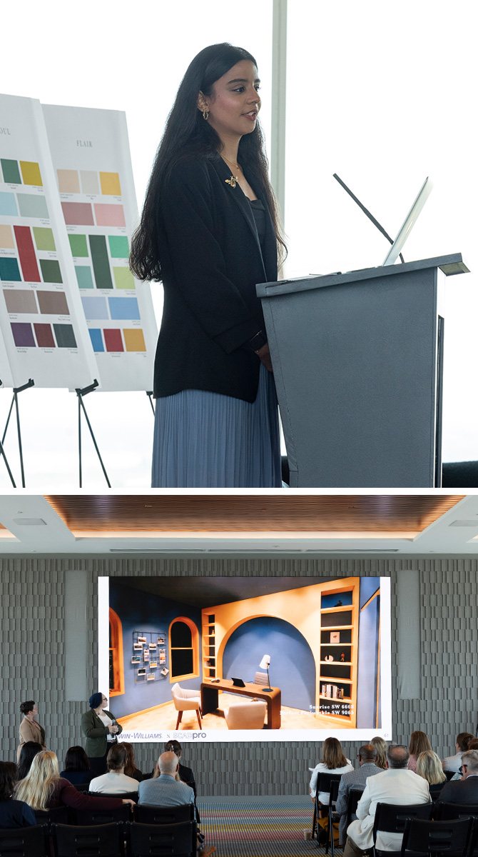 A woman presents at a podium with a color swatch board behind her, alongside an audience viewing a large screen in a conference room.