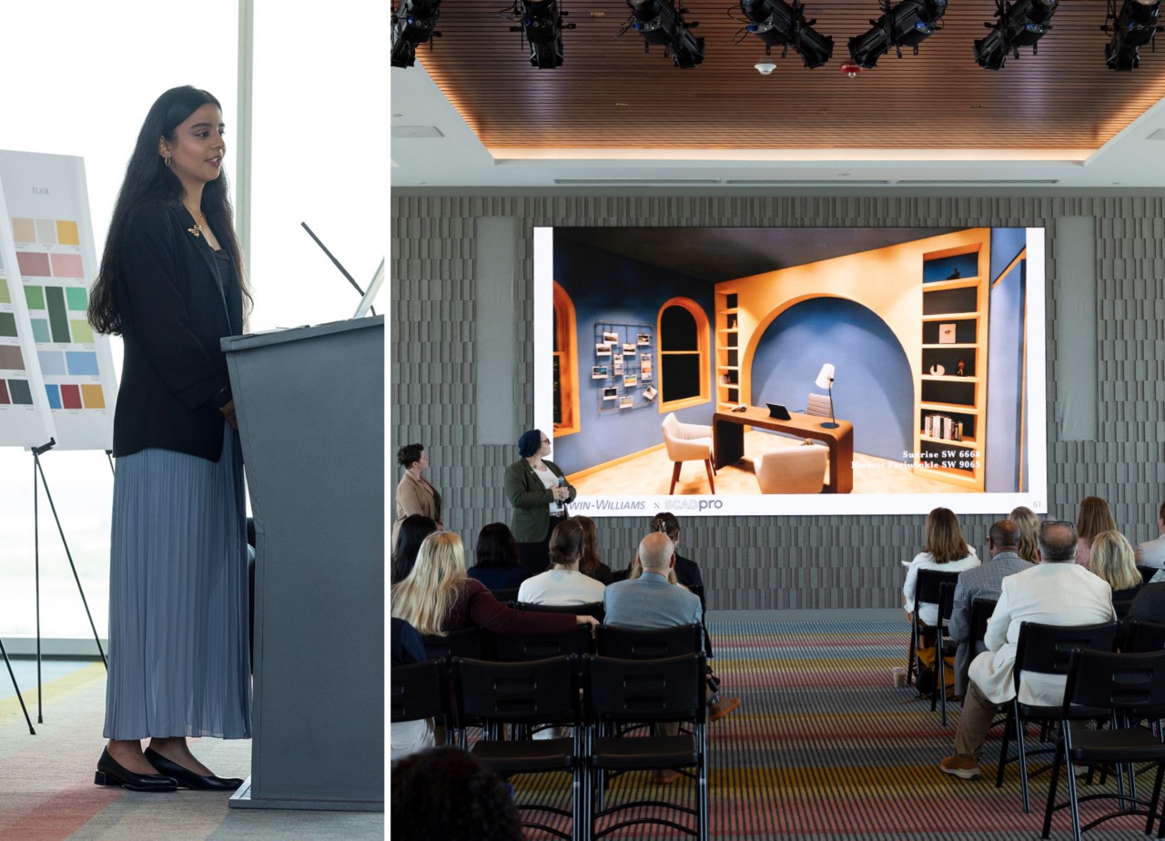 A woman presents at a podium with a color swatch board behind her, alongside an audience viewing a large screen in a conference room.