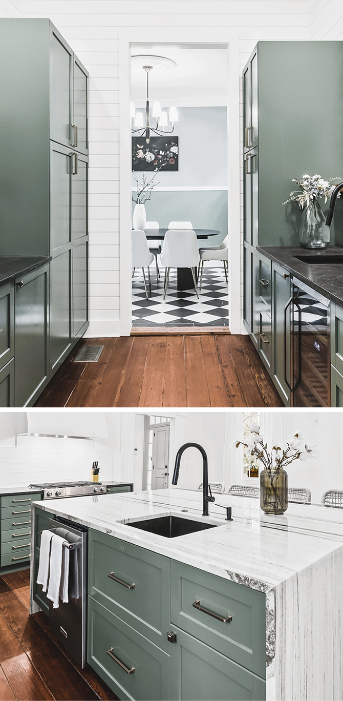Modern kitchen with green cabinets painted Sherwin-Williams Basil, marble countertop, and dining area visible through a doorway.