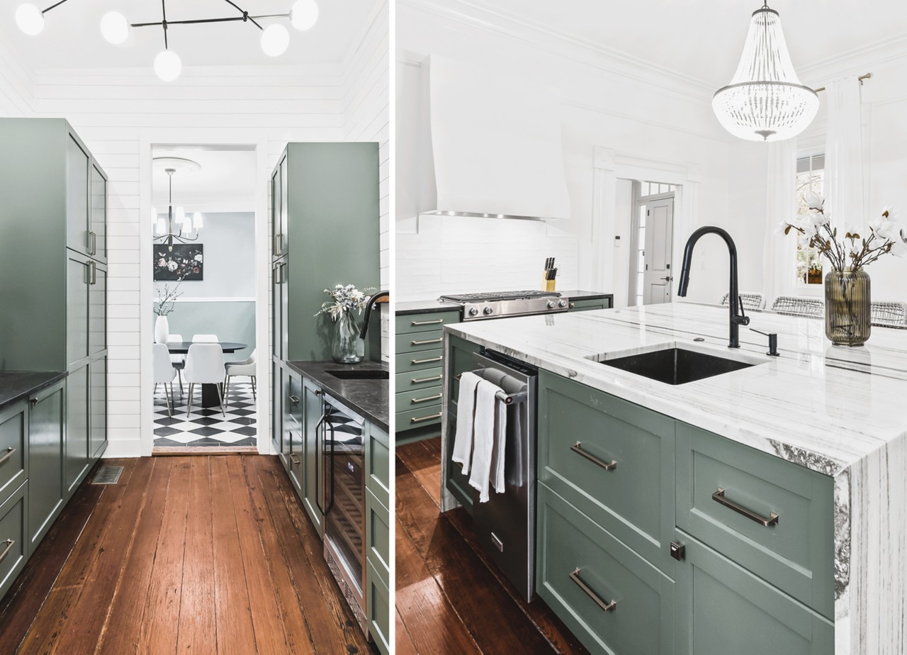 Modern kitchen with green cabinets painted Sherwin-Williams Basil, marble countertop, and dining area visible through a doorway.