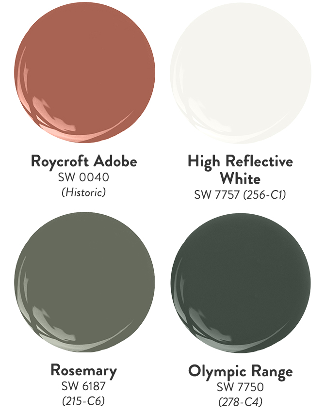 Four paint dollop graphics featuring some of the Sherwin-Williams colors used in Aly and Jason’s home: Roycroft Adobe, High Reflective White, Rosemary, and Olympic Range.