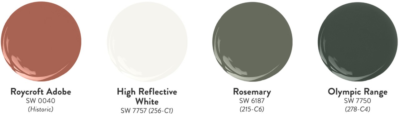 Four paint dollop graphics featuring some of the Sherwin-Williams colors used in Aly and Jason’s home: Roycroft Adobe, High Reflective White, Rosemary, and Olympic Range.