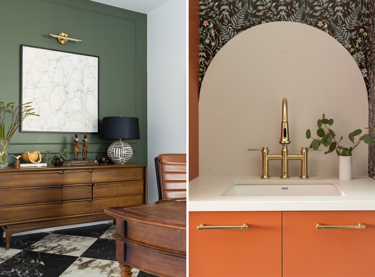 A split image showing an office with a green wall painted Sherwin-Williams Rosemary on the left, and a mudroom sink area with a brass faucet and floral wallpaper on the right.