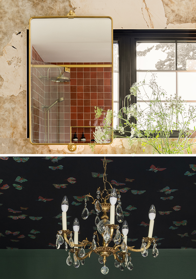 A split image showing a marble bathroom with a gold-framed mirror and a green vase with plants, and the dining room with a butterfly-patterned ceiling, chandelier, and an arched doorway.