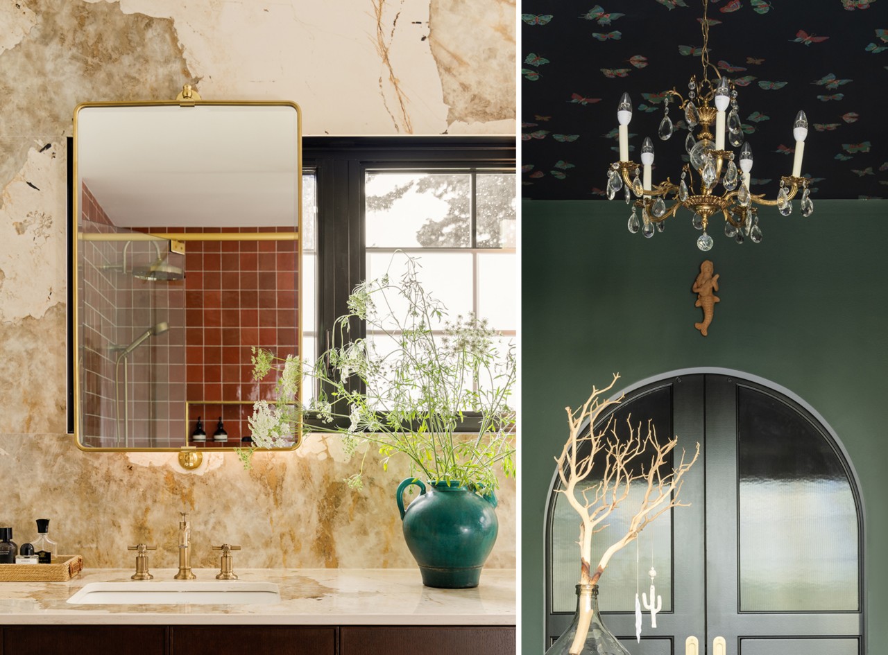 A split image showing a marble bathroom with a gold-framed mirror and a green vase with plants, and the dining room with a butterfly-patterned ceiling, chandelier, and an arched doorway.