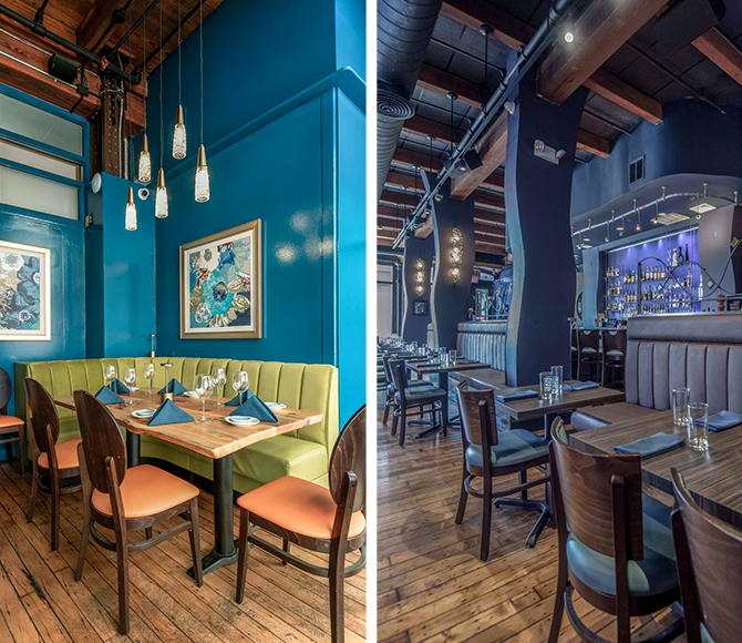 Side-by-side images of a modern restaurant interior with cozy booth seating on the left and a stylish bar on the right.