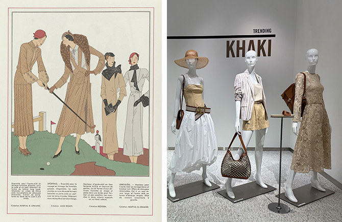 A split image showing a vintage khaki fashion illustration on the left and a display of modern khaki clothing on mannequins on the right.