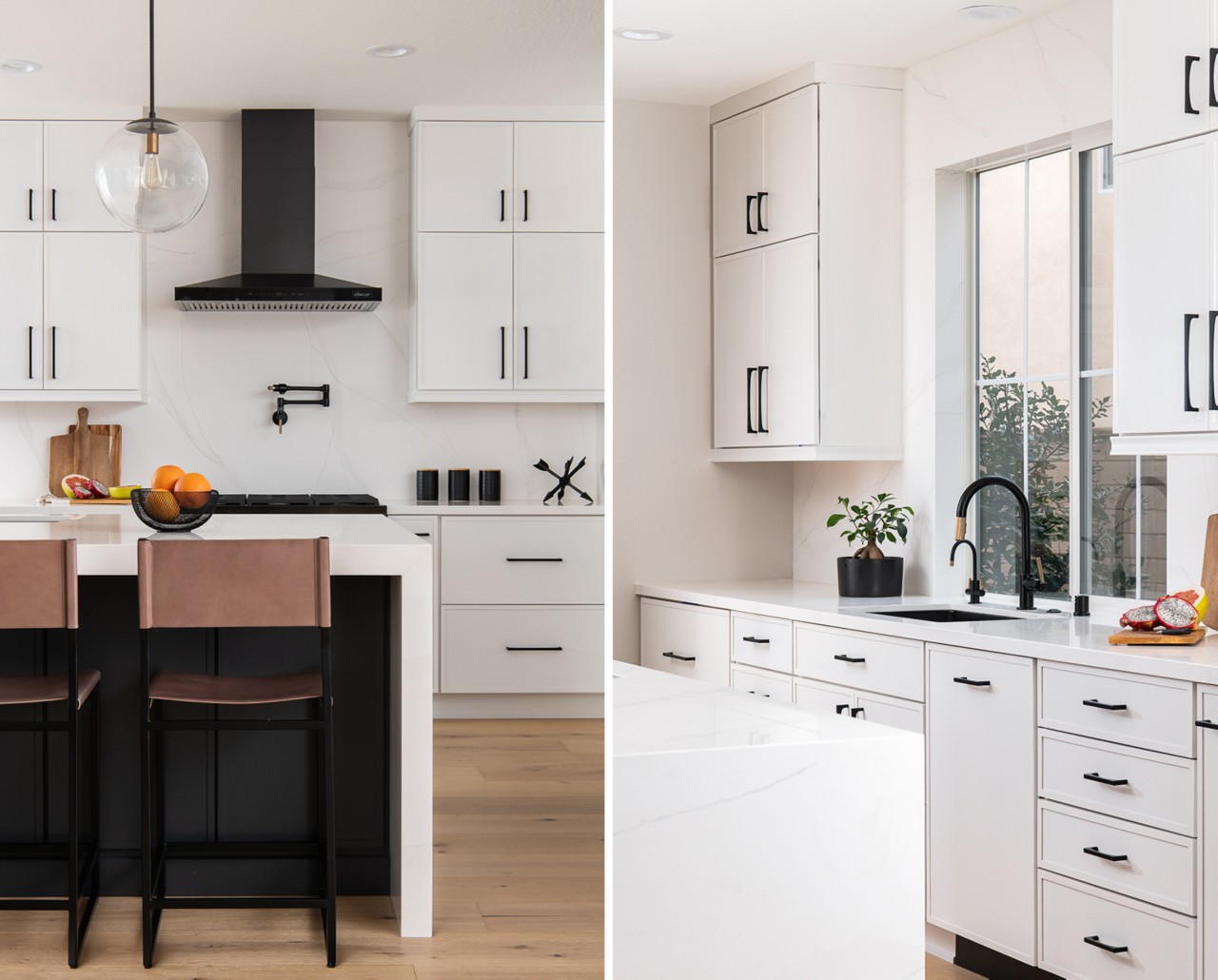 A modern kitchen with a central island, high-backed chairs, a range with black hood, light cabinets with black pulls, and a sink area with natural light.