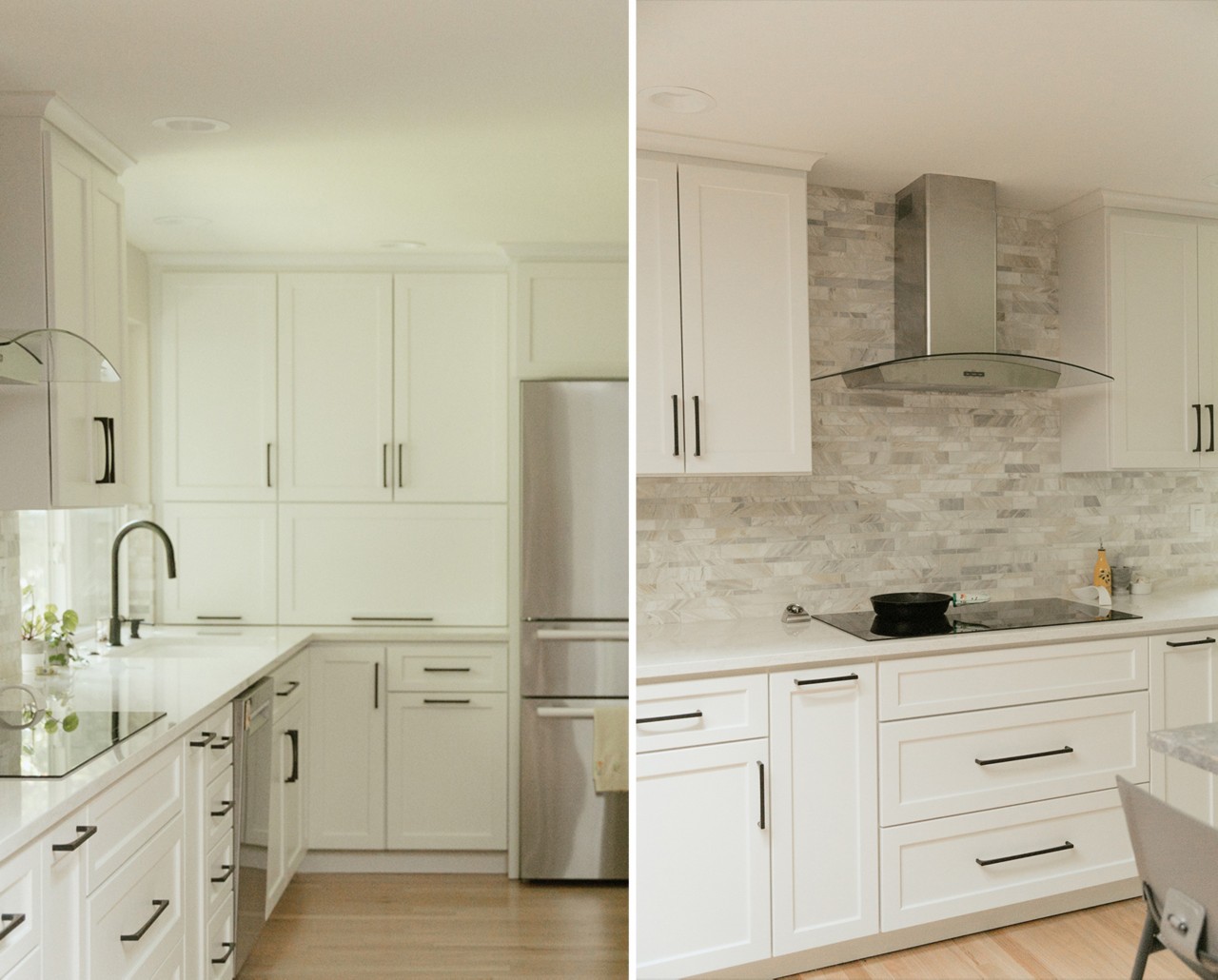 A modern kitchen with Cotton white cabinets, black hardware, light wood floors, stainless steel appliances, and variegated gray tile backsplash.