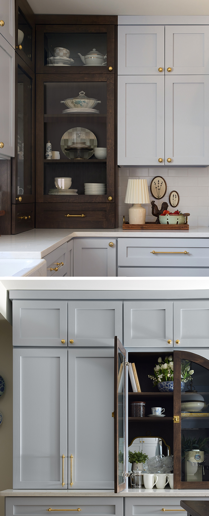 A split image of two views of a kitchen with Upward-painted cabinets and gold hardware, featuring decorative items, dark wood accent cabinets, and a hardwood floor.