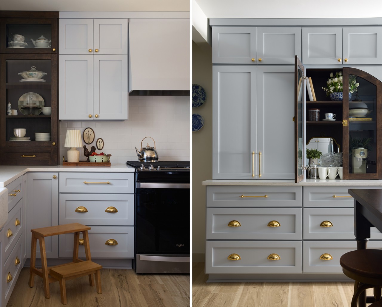 A split image of two views of a kitchen with Upward-painted cabinets and gold hardware, featuring decorative items, dark wood accent cabinets, and a hardwood floor.