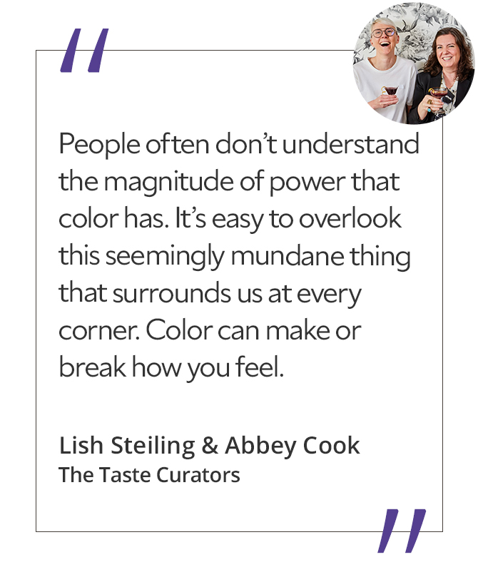 Graphic featuring the quote “People often don’t understand the magnitude of power that color has. It’s easy to overlook this seemingly mundane thing that surrounds us at every corner. Color can make or break how you feel,” by Lish Steiling & Abbey Cook, The Taste Curators.