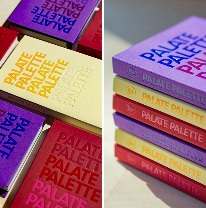 Two images of The Taste Curators color-focused cookbooks, Palate Palette, in red, purple, and yellow, arranged flat on a table in one image and stacked in the other.