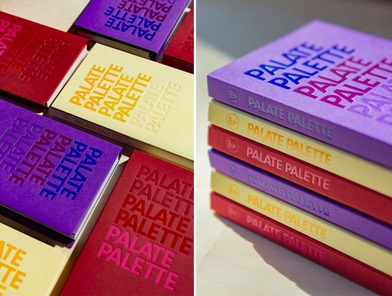 Two images of The Taste Curators color-focused cookbooks, Palate Palette, in red, purple, and yellow, arranged flat on a table in one image and stacked in the other.