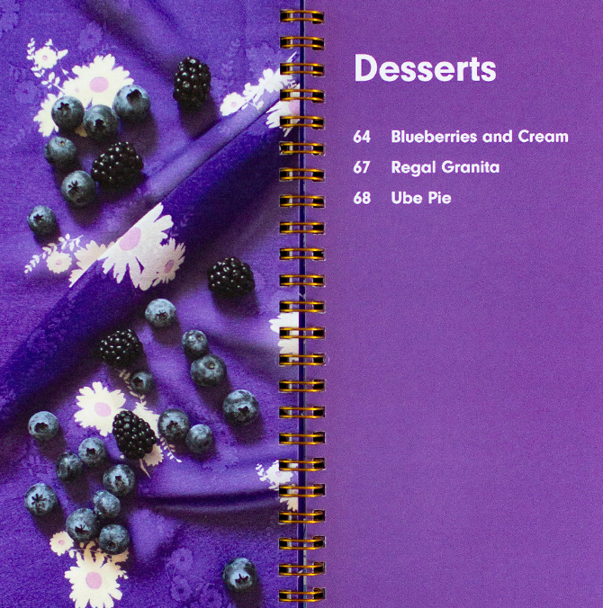 Spread from The Taste Curators purple-focused cookbook, including an image of berries on a purple cloth backdrop alongside a list of desserts.