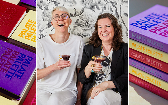 Colorful books with "PALATE PALETTE" on covers, Lish Steiling and Abbey Cook smiling with drinks, and a stack of their Palate Palette cookbooks.