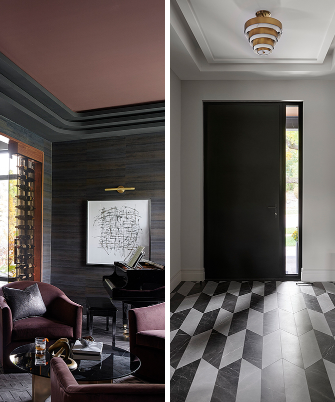 A modern lounge with maroon seating and a piano in one image; a hallway with geometric tiles and a black door in the other.