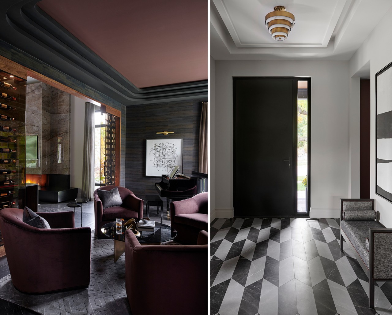 A modern lounge with maroon seating and a piano in one image; a hallway with geometric tiles and a black door in the other.