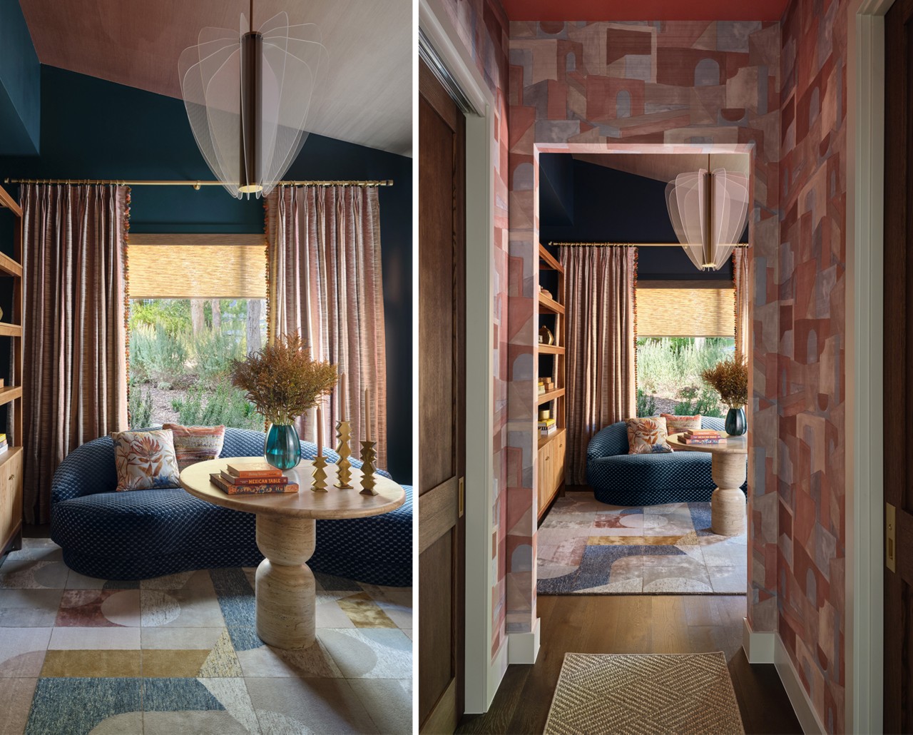 Cozy interior seating nook with a dark blue sofa, round table, abstract rug, and artistic light fixture with walls painted Dark Night and ceiling in Henna Shade.