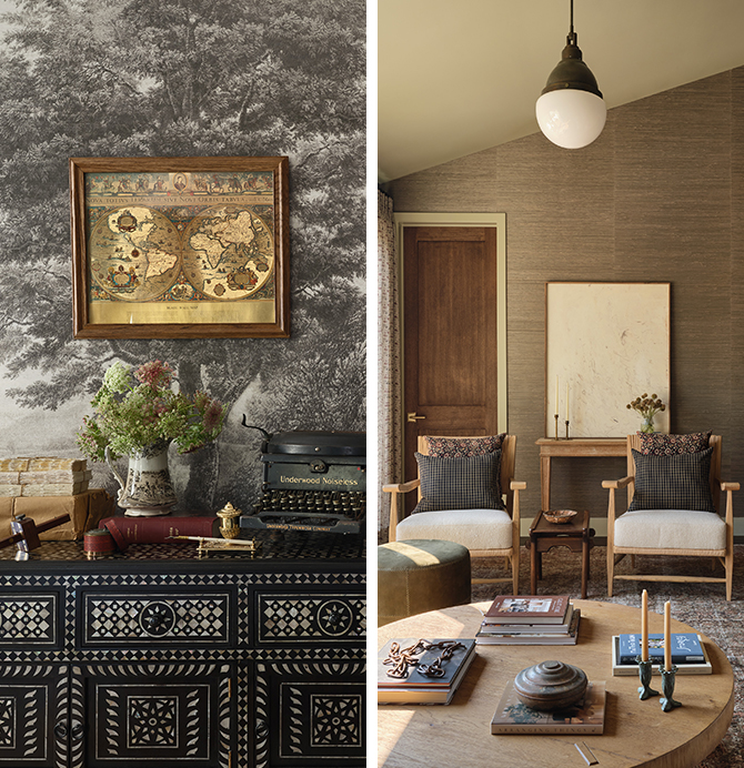 Detail shots of an ornate console topped with antiques in front of vintage landscape wallpaper; an image of a cozy sitting room with two chairs, a round coffee table, and grasscloth walls with a slanted ceiling.