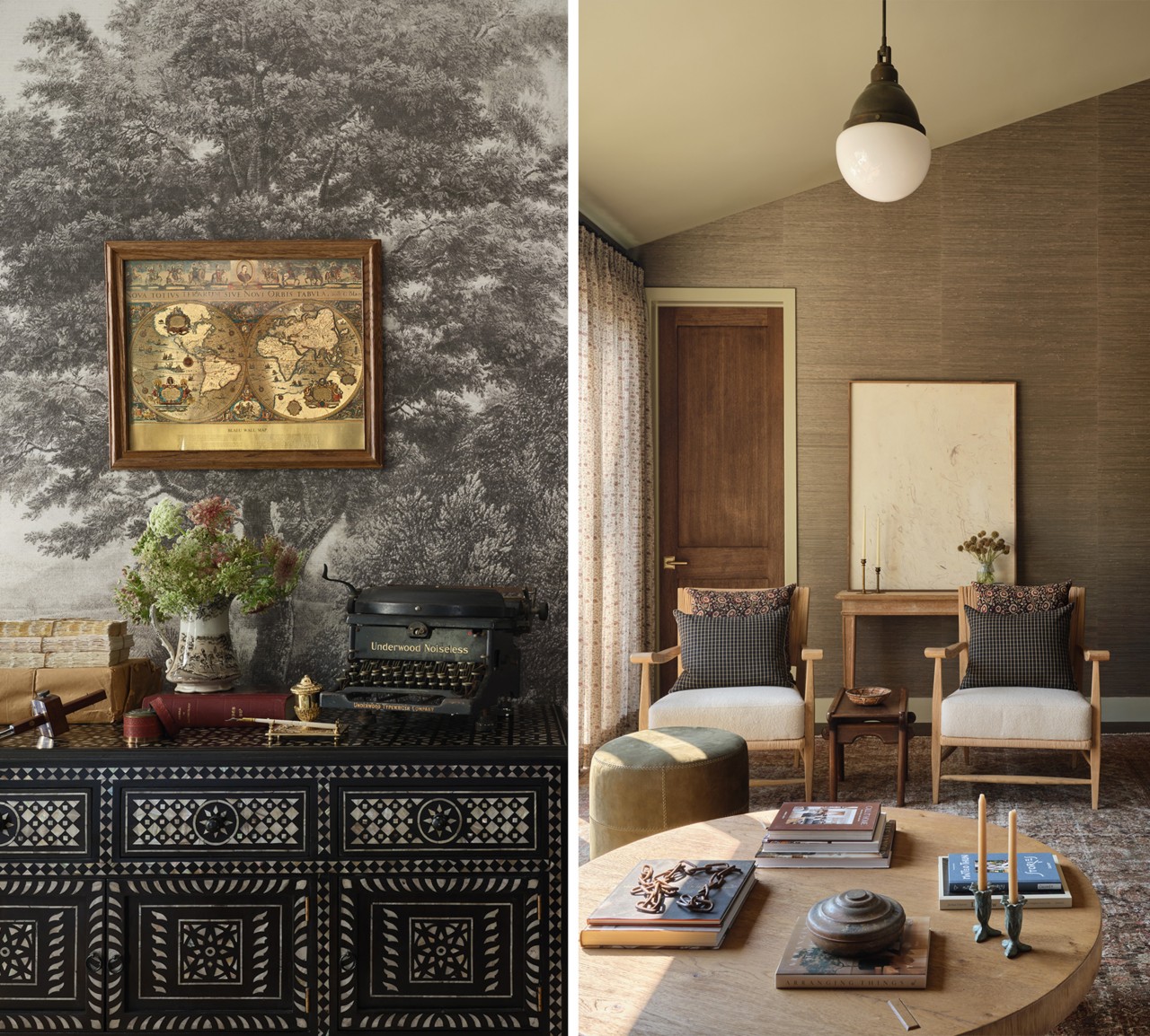 Detail shots of an ornate console topped with antiques in front of vintage landscape wallpaper; an image of a cozy sitting room with two chairs, a round coffee table, and grasscloth walls with a slanted ceiling.