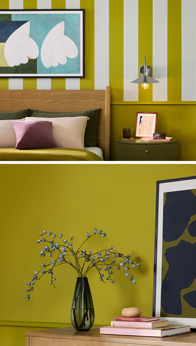 Bedroom with Offbeat Green and white striped walls, bed with green and pink bedding, and wooden dresser with decor.