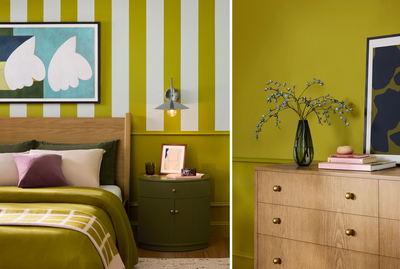 Bedroom with Offbeat Green and white striped walls, bed with green and pink bedding, and wooden dresser with decor.