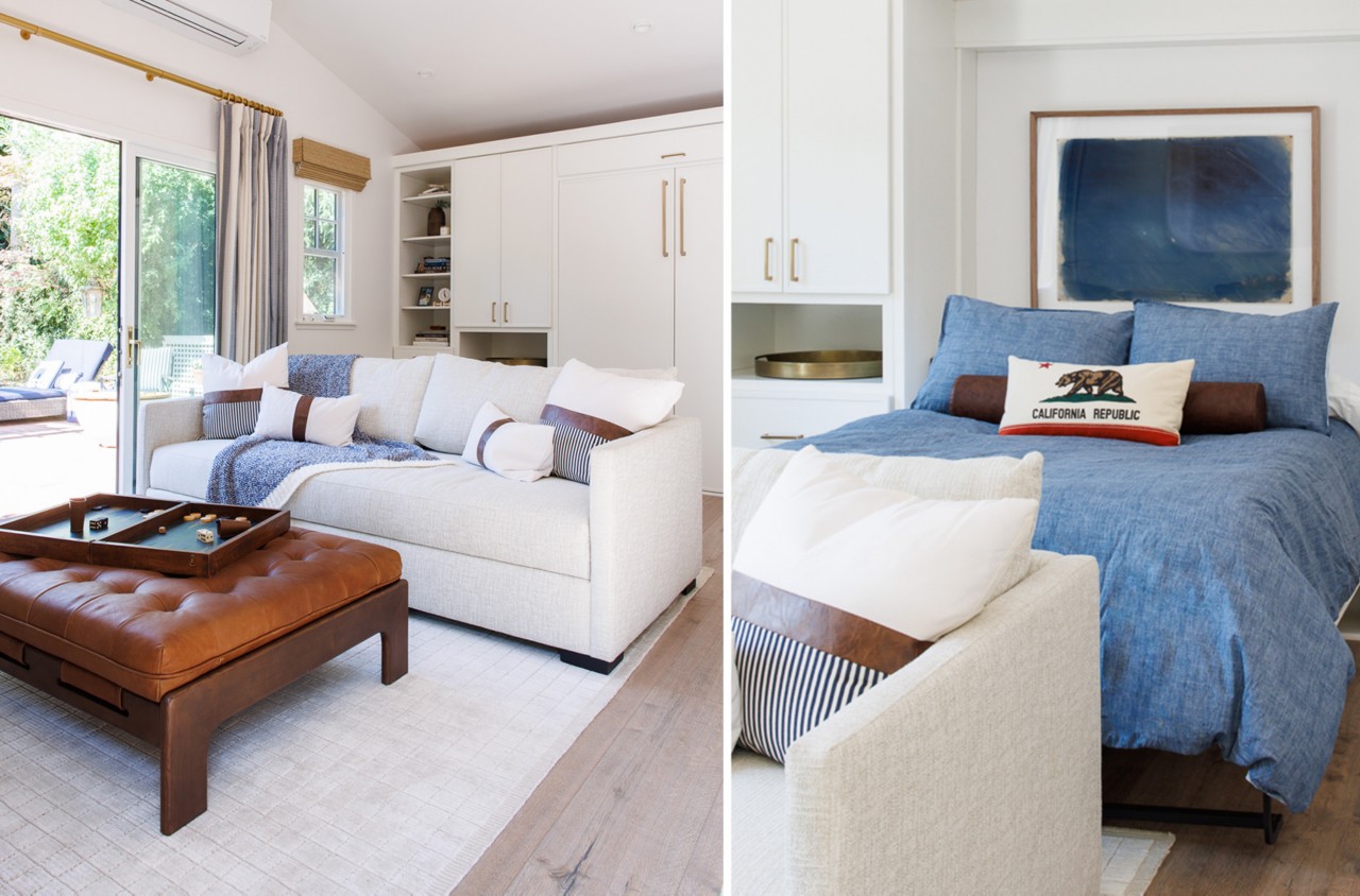 Split image of Kerrie’s project showing the living space with and without the Murphy bed pulled down.