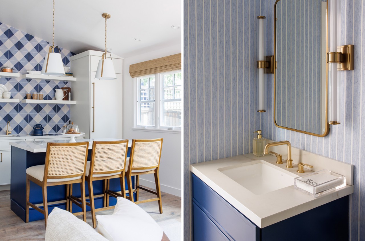 Kitchen area and bathroom vanity in Kerrie Kelly’s guest cottage project, featuring Sherwin-Williams paint in the colors Snowbound and Salty Dog.