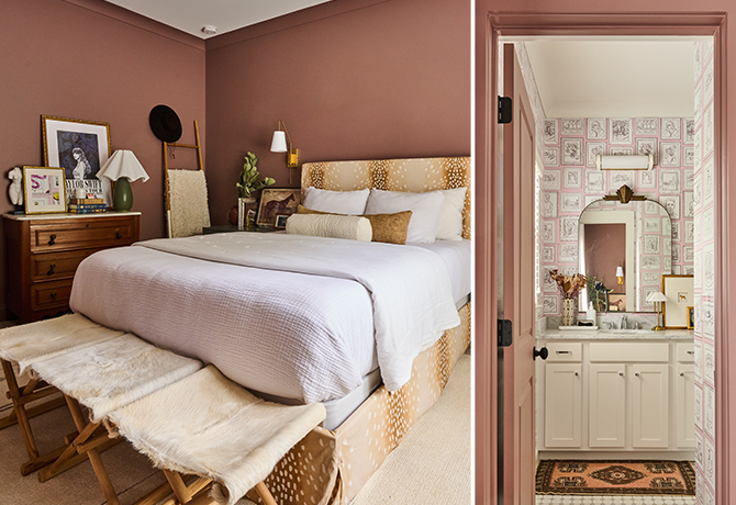 Inviting and warm-toned bedroom color-drenched in Sherwin-Williams Dutch Cocoa with a plush bed and decor next to a bathroom with pink-patterned wallpaper and a white vanity.