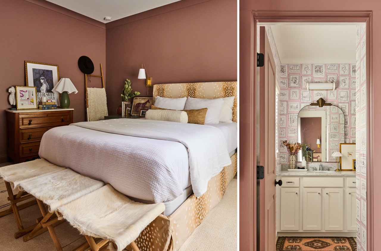Inviting and warm-toned bedroom color-drenched in Sherwin-Williams Dutch Cocoa with a plush bed and decor next to a bathroom with pink-patterned wallpaper and a white vanity.
