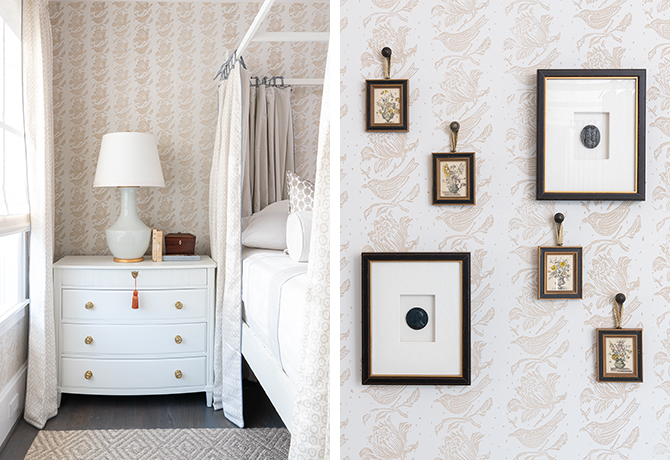 A bedroom from the ASID Texas Gulf Coast Show House with a white dresser and stenciled pattern walls featuring Sherwin-Williams Snowbound and Cocoa Whip.