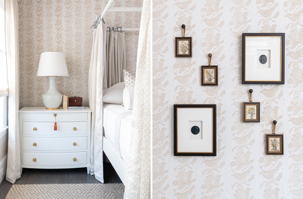A bedroom from the ASID Texas Gulf Coast Show House with a white dresser and stenciled pattern walls featuring Sherwin-Williams Snowbound and Cocoa Whip.