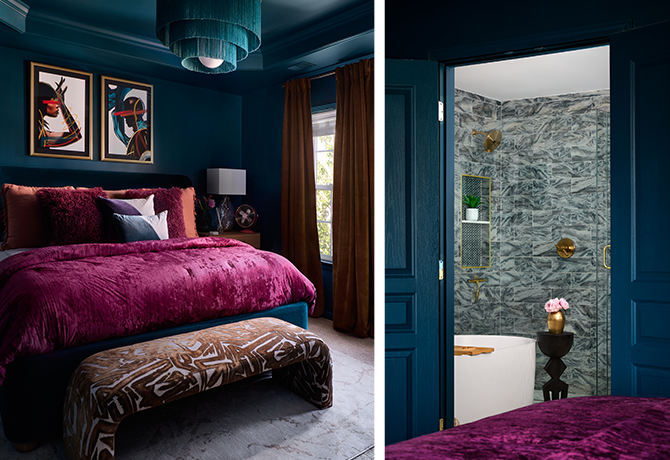 A luxurious bedroom with dark teal walls, a magenta bed, and abstract art, adjoining a marbled bathroom with gold fixtures.