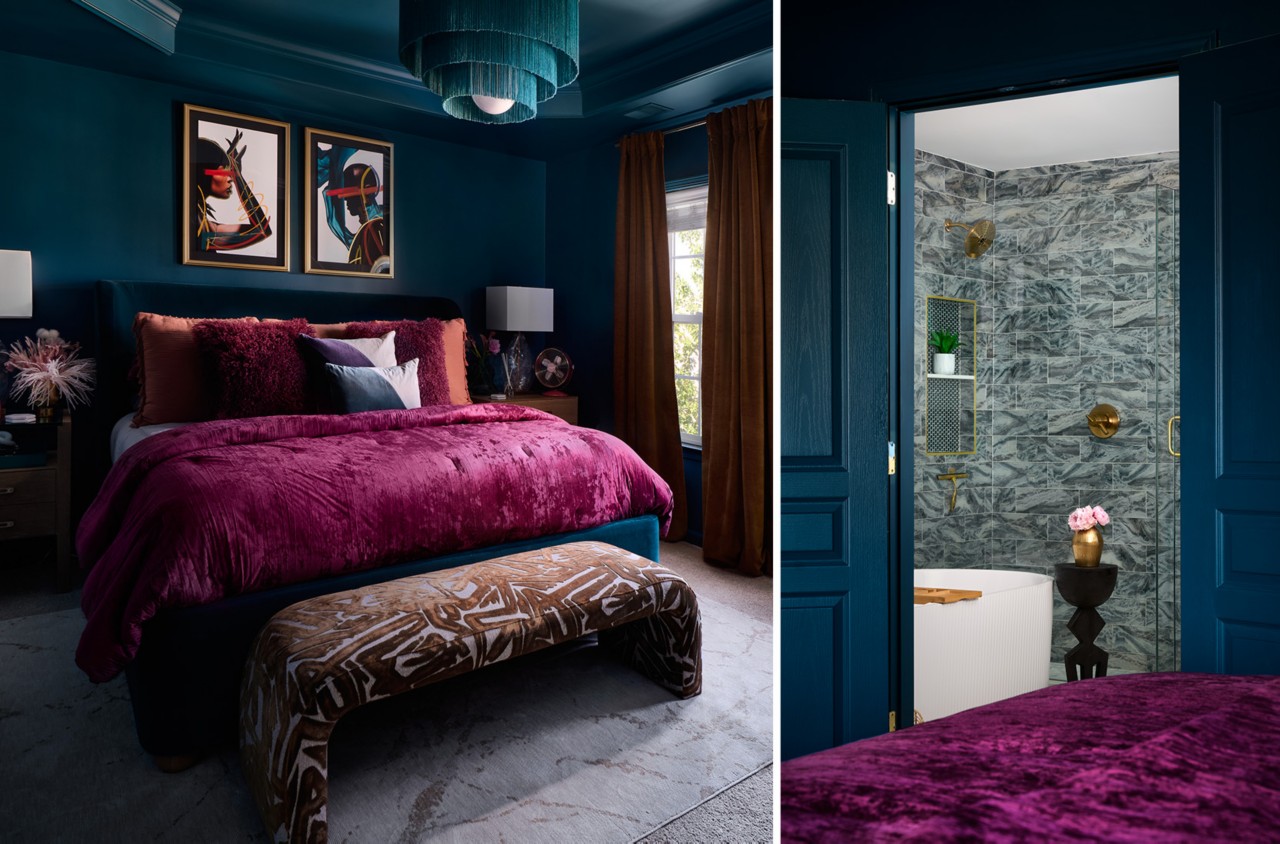 A luxurious bedroom with dark teal walls, a magenta bed, and abstract art, adjoining a marbled bathroom with gold fixtures.