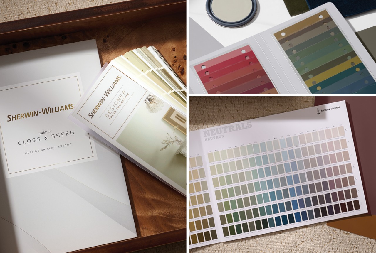 Collage of images featuring Sherwin-Williams color tools displayed on various surfaces.