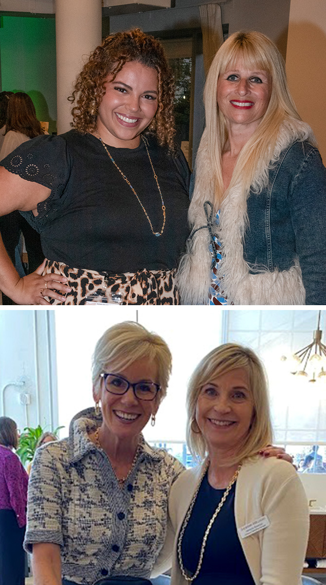 Photos of smiling women side by side with arms around each other, two standing together and two seated on a countertop at a trade show booth.