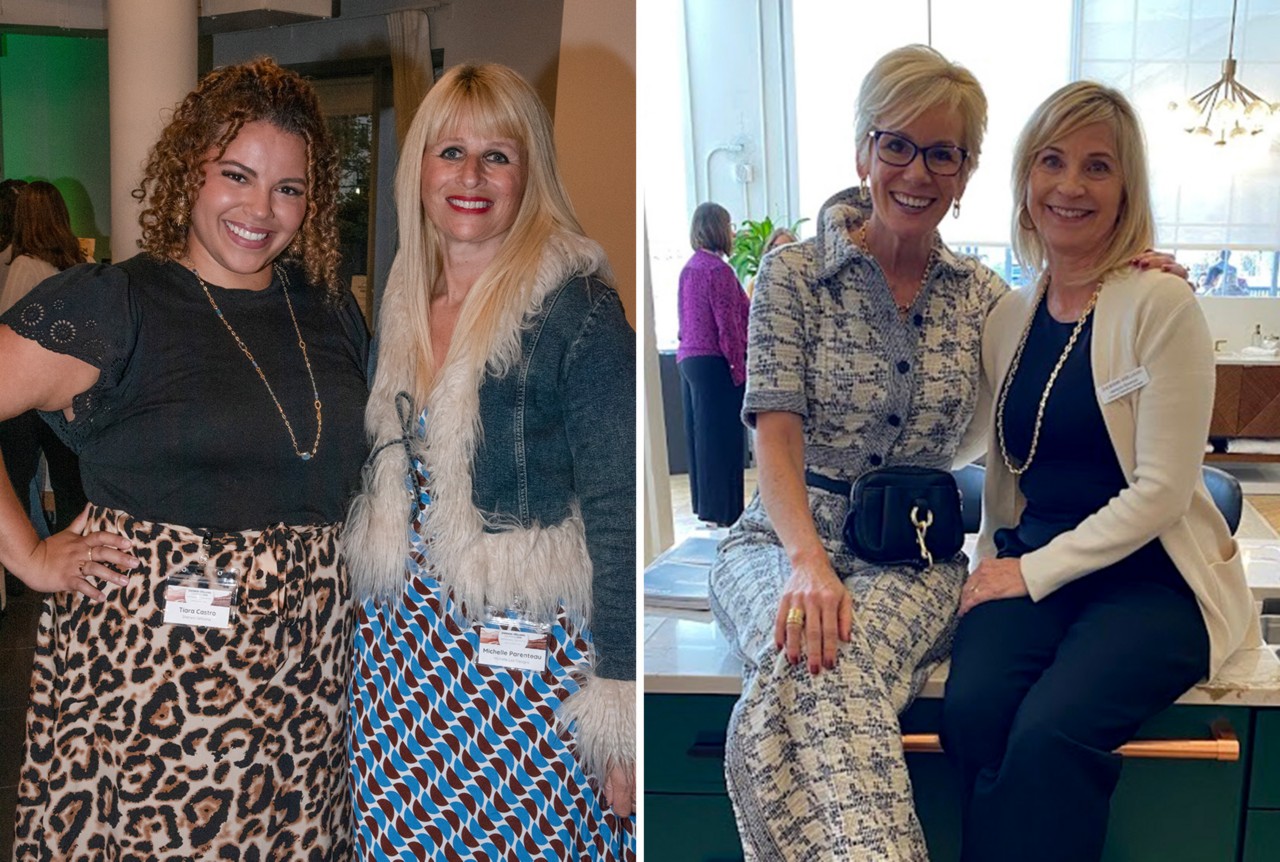Photos of smiling women side by side with arms around each other, two standing together and two seated on a countertop at a trade show booth.