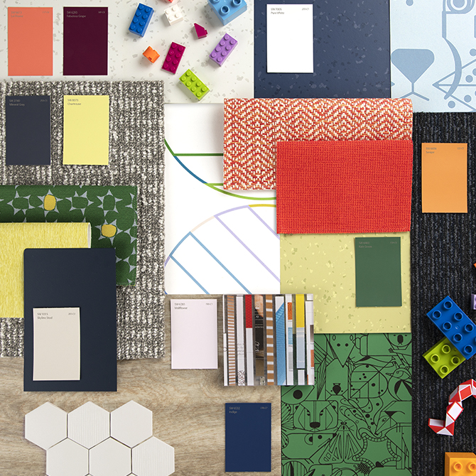 A variety of colorful color panels, fabric, cloths and rugs. 